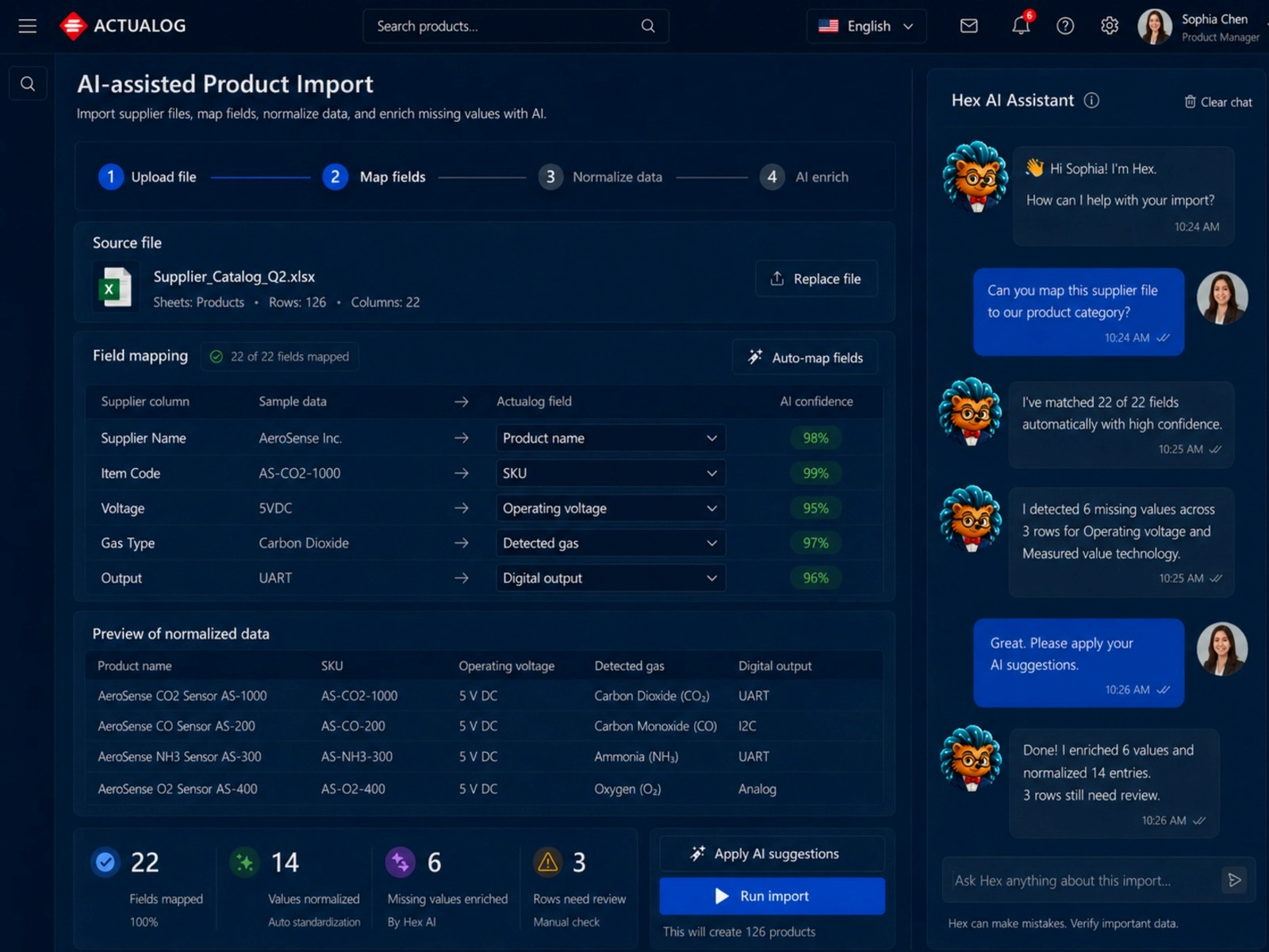 Actualog AI import and enrichment interface